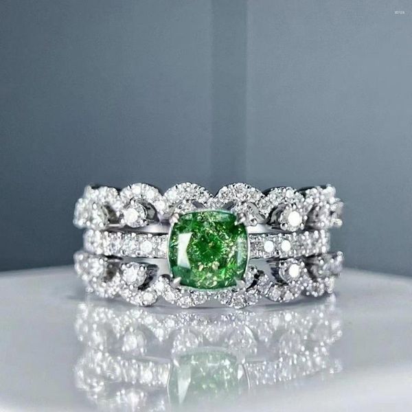 Cluster Anéis Sgarit Luxo Branco 18k Ouro Clássico 1 Princesa Corte Verde Anel de Diamante Jóias Três Camadas Destacáveis para Menina