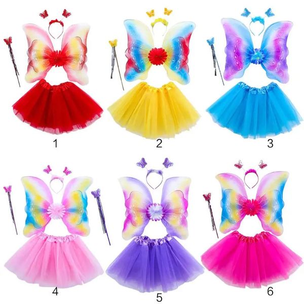 Vestidos da menina 4 pcs fada princesa crianças traje conjunto arco-íris borboleta asa varinha headband tutu saia natal festa de aniversário vestir-se 231114