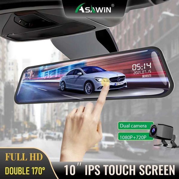 Auto-DVRs Asawin H5C 10-Zoll-Rückspiegel Dashcam vorne und hinten für Auto-DVR-Kamera Dual-Objektiv VOLLSTÄNDIGER Bildschirm Touch IPS 24H Parkmodus Q231115