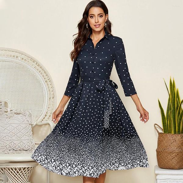 Vestidos casuais meninas outono de inverno marinho azul retro bolca dot vestido de manga comprida mulher mulher elegante e pontilhada botão uma linha bohemian