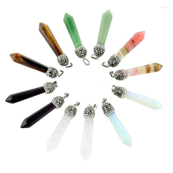 Anhänger Halsketten Mischungsfarbe Natürlicher Tigerhautstein Sechseckige Säule Balance Healing White Clear Opal Crystal Point Statement