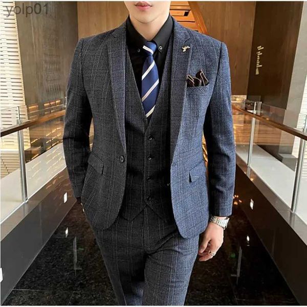 Jaquetas masculinas 3 peças homens noivo vestido de casamento xadrez ternos formais conjunto de alta qualidade homens moda casual terno de negócios de três peças smoking S-7XLL231115