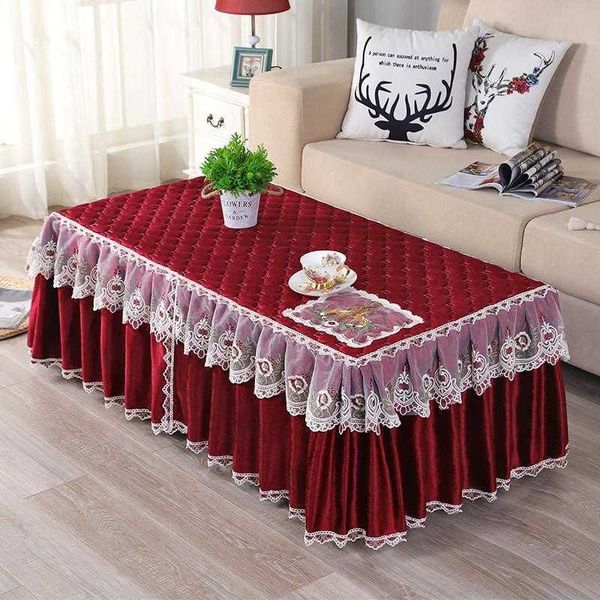 Tischdecke Proud Rose Lace Tischdecken Einfache rechteckige Wohnzimmer Couchtisch Rock Rutschfeste gesteppte Stickerei TV-Schrank Staubschutz W0414