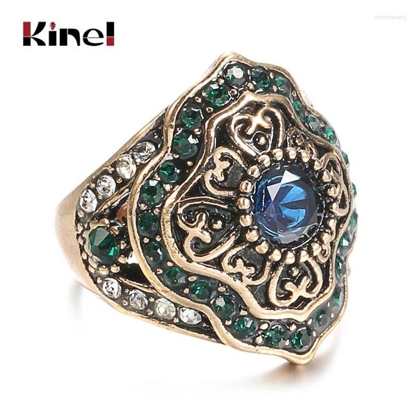 Clusterringe Kinel Ankunft Vintage Hochzeit Blauer Stein für Frauen Antike Goldfarbe Eingelegter grüner Kristall Boho Schmuck