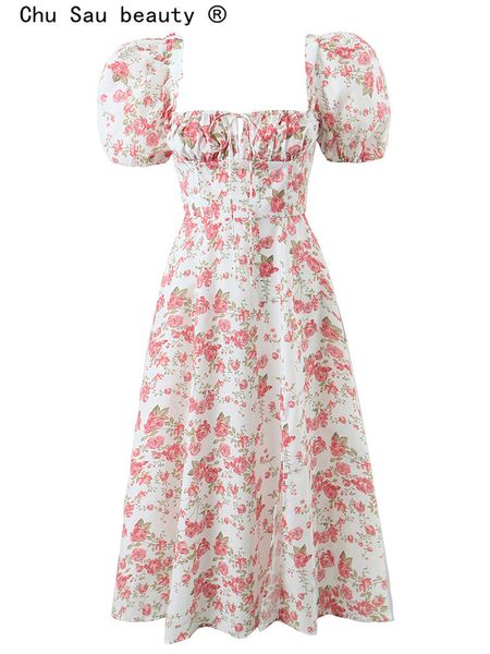 Vestidos casuais mulheres primavera verão verão moda moda manga floral estampa floral colarinho quadrado colarinho lateral de fenda longa midi vestido 230414