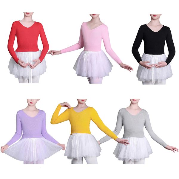 Vestidos da menina Crianças Meninas Ballet Dance Tops Manga Longa V Pescoço Cor Sólida Stretch Malha Suéter de Algodão Mantendo Aquecido para Desgaste de Ginástica 231115