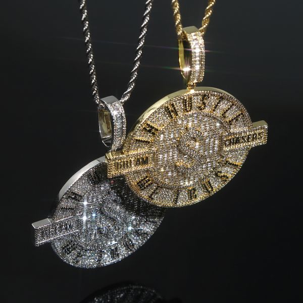 Nós confiamos em Hustle Money Dollar Dream Chasers Carta Rodada Charme Pingente Colar com Corrente de Corda Hip Hop Mulheres Homens Completamente Pavimentada 5A Cubic Zirconia Boss Men Gift Jewelry