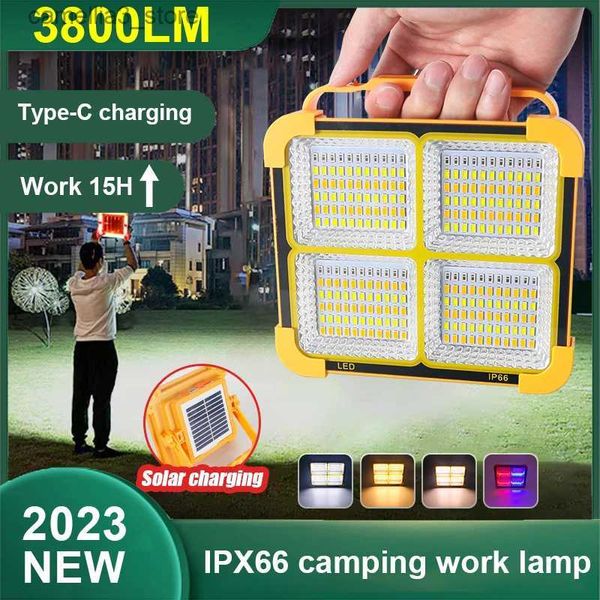 Lanterna de acampamento super brilhante LED refletor lâmpada de carga USB portátil luz de inundação solar ao ar livre IPX66 lanternas de acampamento trabalho noturno justo holofote Q231116