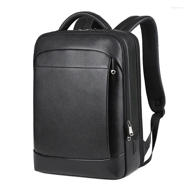 Mochila de couro genuíno para homens 15,6 polegadas laptop carga USB anti-roubo à prova d'água grande capacidade sacos de viagem masculinos