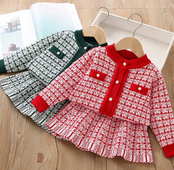 abiti firmati per bambini ragazza Set di abbigliamento maglione cardigan in tessuto rosa rosso Gonna principessa cappotto per bambini Regalo di Natale