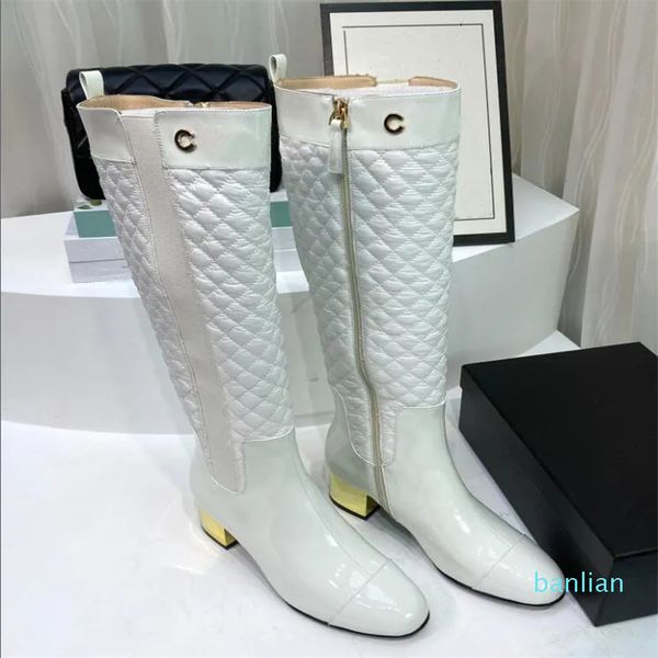 Botas femininas de malha de diamante com elástico de salto grosso, botas altas, bico redondo, zíper interno, couro envernizado, tecido de flanela, tamanho do painel 35-41