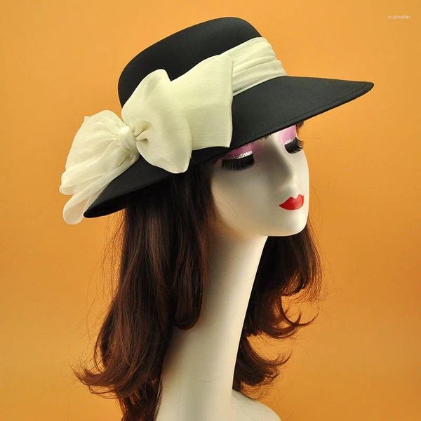 Berretti 2023 Fascinators neri a tesa larga con fiocco grande Cappello Fedora Matrimonio elegante da donna