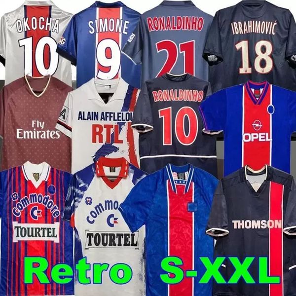 1998 Paris Retro Soccer Jerseys PSGS 93 94 95 96 98 99 Okocha Leroy Adilton 00 01 02 03 90 92 Raine clássico Anelka Ibrahimovic Camisas de Futebol Ronaldinho Simone