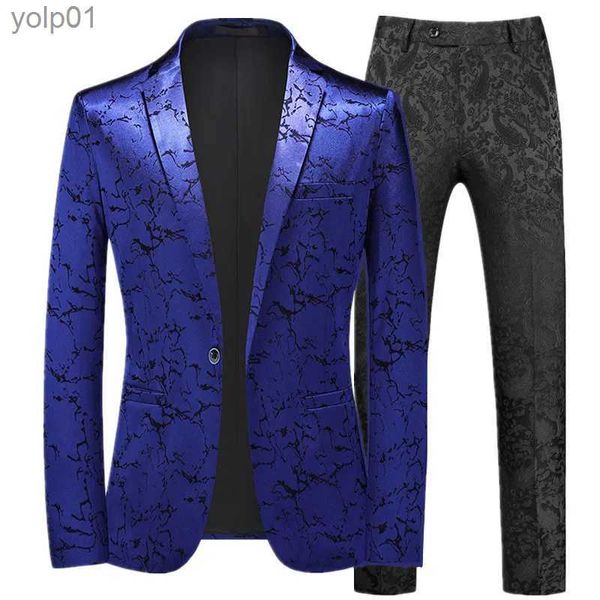 Jaquetas masculinas outono novo vestido de festa de baile terno preto/azul moda masculina pequeno jacquard blazers jaqueta e calças tamanho 6xl-sl231115