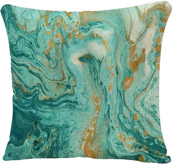 Tampas decorativas de arremesso de travesseiro Aquarela marmoreada azul verde e dourada abstrata padrão de mármore líquido Caixa de tinta dourada