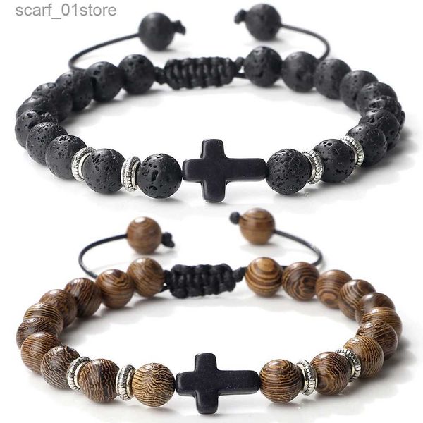 Corrente quente oração cruz homens pulseira artesanal 8mm natural tigre olho lava pedra contas de madeira trançada pulseiras vintage jóias para mulheres l231115