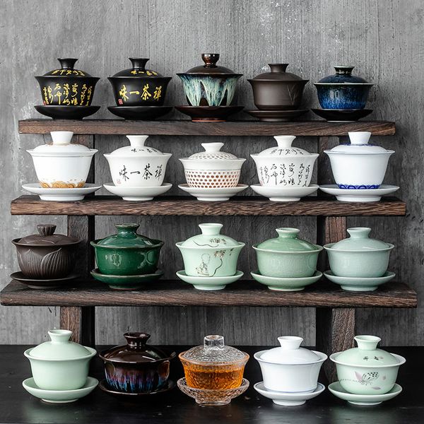 Чайные наборы керамика Gaiwan Jingdezhen Китайский кунгфу устанавливает три таланта чаши Большой чашки блюдник, набор домашнего чайного, церемония церемония 230414