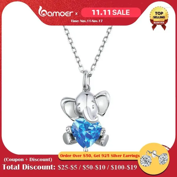 Ciondoli Bamoer Ocean Blue Heart CZ Collana con ciondolo elefante per le donne Collare di gioielli animali di lusso in argento sterling 925 BSN180