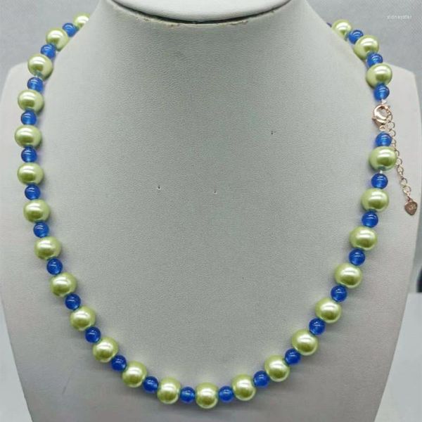 Ketten Beautiful Fashion 10mm Green Shell Pearl 6mm Blue Jade Round Beads Necklace 24