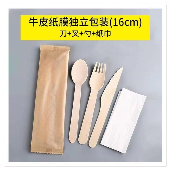 Conjuntos de utensílios de jantar 16 cm de faca de faca de madeira para toalha de papel de papel de embalagem independente de embalagem descartável 4-PIEC