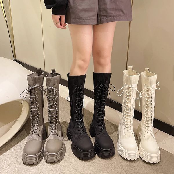 Ботинки, вязаные длинные сапоги на массивной платформе, женские осенние теплые носки на толстой подошве, женские туфли до колена на шнуровке Botas De Mujer 231115