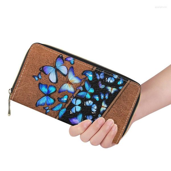 Geldbörsen Luxus Leder Frauen Tasche Schmetterlingsmuster Geldbörse PU Blau Lila Farbe Design Kartenhalter Für Lange Damen Geldbörse