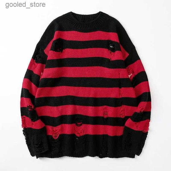 Suéter masculino listrado preto suéter destruído rasgado suéter masculino pulôver buraco malha jumpers homens oversized moletom harajuku manga comprida tops q231115