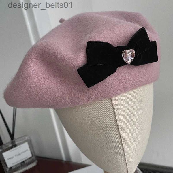 Boinas de lã rosa boina chapéus para mulheres inverno quente artista francês chapéus gorros doces chapéus boinas simples senhora preto sexta-feira venda 2022l231115