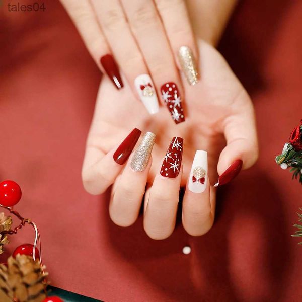 Künstliche Nägel 2023, Weihnachten, künstliche Nägel, rot, glitzernd, Schneeflockenmuster, rote Farbe, zum Aufdrücken auf die Nägel, künstliche Nägel, Spitze, Weihnachtsgeschenke für Mädchen, YQ231115