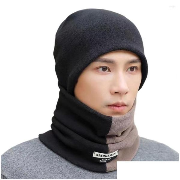 Outros acessórios de moda Berets 2 Pçs / set Proteção de Ouvido À Prova de Vento Alta Elástico Chapéu Cachecol Conjunto Homens Outono Inverno Color Block Fleece Nec Dhhod