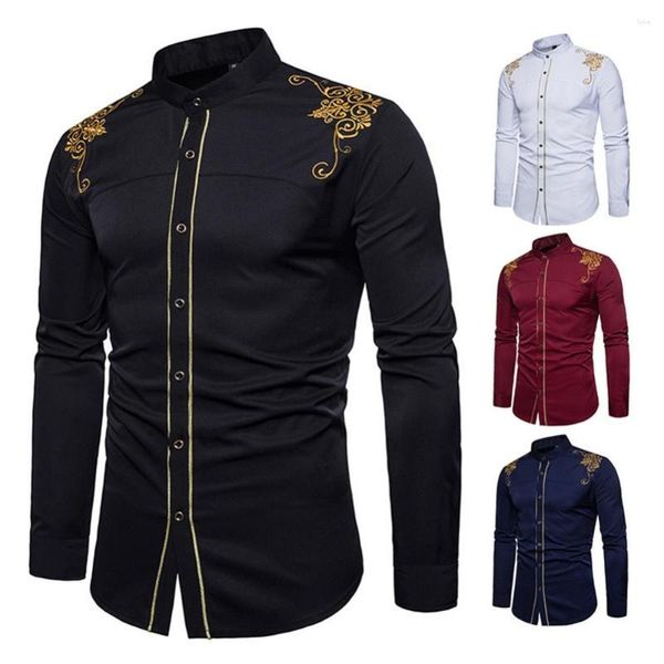 Herren Freizeithemden Schwarz Gold Stickerei Hemd Herren 2023 Frühling Herren Kleid Stehkragen Button Up Chemise Homme Camisa Masculina