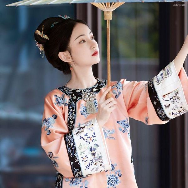 Roupas étnicas Vintage Top Coat Chinese Chinese Nacional Nacional Cheongsam Logo e Chic Flower Tang Dress feminino Hanfu