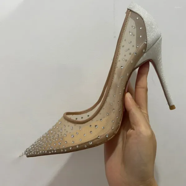 Scarpe eleganti Tessuto a rete Décolleté con strass argento Design di lusso Donna Punta a punta sexy Stiletto Tacchi di alta qualità Banchetto di nozze