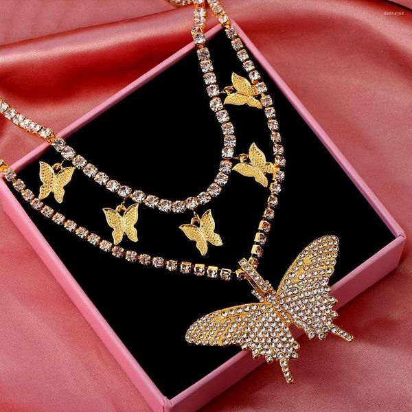 Ketten JUST FEEL Crystal Big Butterfly Anhänger Tenniskette Halskette für Frauen Hip Hop Metall Choker Iced Out Schmuck