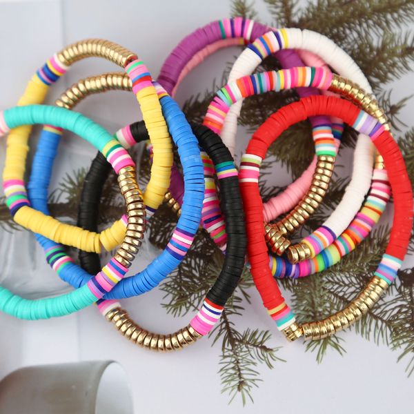 Fili di perline Braccialetti Heishi surfista Impilabile colorato elasticizzato in oro Bracciale elastico Boemia Estate Spiaggia Gioielli Regali per donne Amici Famiglia Amante Coppia