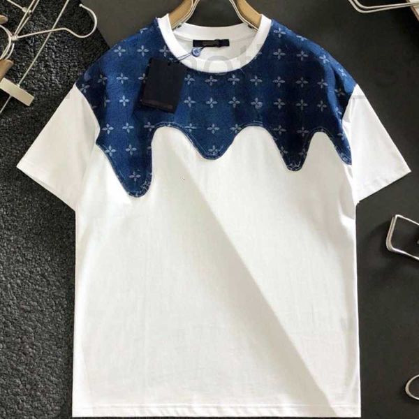 Erkek Tişörtler Tasarımcı Lüks Tshirt Erkek Kadın Sweatshirt Jacquard Nakış Tee Kısa Kollu Tshirts Denim Panel Pullover Gömlek Moda Büyük Boy 3xl 4xl 0ask