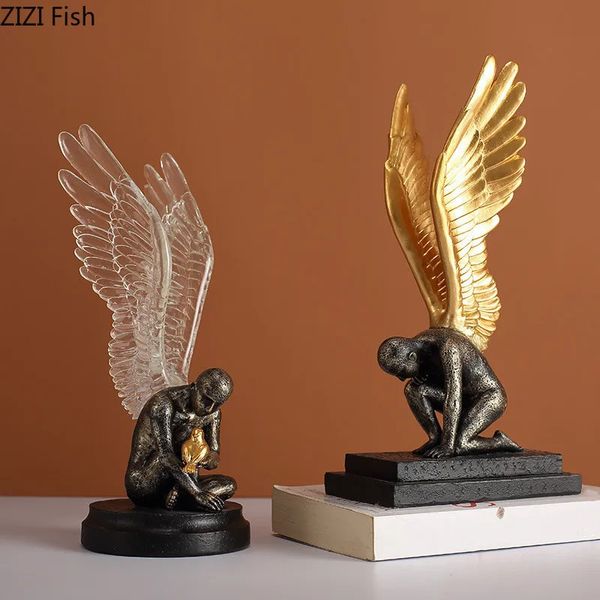 Dekorative Objekte Figuren Kreative Harzfigur Statue Engel Goldene Flügel Goldener Vogel Simulationsskulptur Handwerk Heimdekorationszubehör 231115