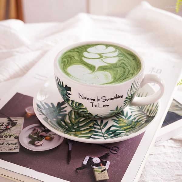 Tazze Piattini Piccola pianta verde fresca Modello Tazza da caffè in ceramica Tazza da tè pomeridiana letteraria