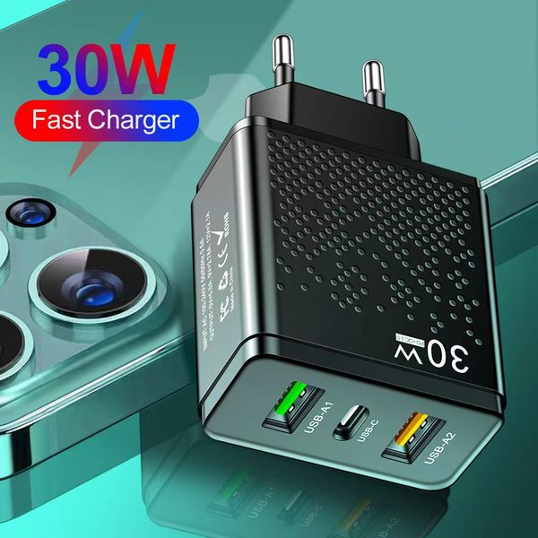 PD 30W USB C Chargers Quick Charge 3.0 Type C Телефон C ТЕЛЕФОРКИ Адаптер быстрого зарядного устройства для таблеток Samsung Xiaomi 3 порты US UK EU Adapter Adapter Adapter