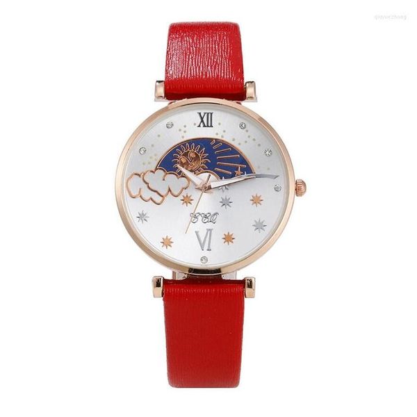 Armbanduhren Damenuhren Mode Original Design Lederband Sonne Mond Stern Zifferblatt Damen Geschenke Reloj De Mujer