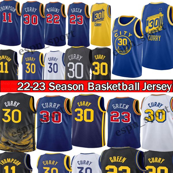 Maglia da basket da uomo Stephen Curry # 30 Thompson # 11 Wiggins # 22 Poole # 3 Iguodala # 9 Green # 23 Kuminga # 00 City 22-23 Maglie della nuova stagione Top Ed