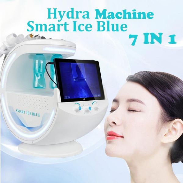 Nuevo 7 en 1 Máquina hidrofacial inteligente azul hielo Prueba facial profesional Reconocimiento facial Analizador de piel Dispositivo de hidrodermoabrasión