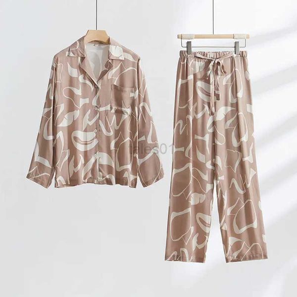 Женская пижама для сна, весенняя мода, светло-коричневая хлопковая пижама с принтом для женщин, брюки с длинными рукавами, домашняя одежда, пижамный костюм для сна zln231115