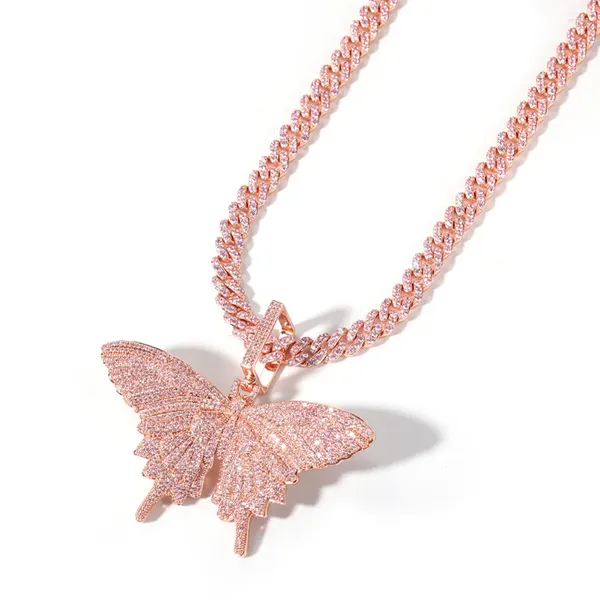 Anhänger Halsketten Herren Iced Out Big Pink Butterfly Zirkonia Halskette Hip Hop Schmuck Charm Frauen Geschenk mit Tennis oder kubanischer Kette