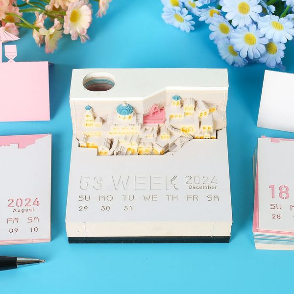 Календарь Omoshiroi Block 2024 3D блокнот Santorini Art со светодиодной подсветкой, бумажные заметки, декор для стола, подарок на день рождения 231114