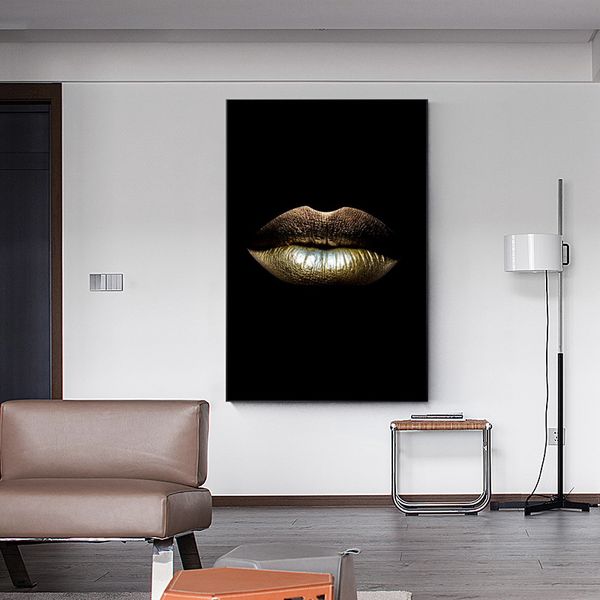 Sexy Woman Black Gold Lips Moda Poster e Stampe Light Luxury Style Home Decor Canvas Painting Living Room Wall Art