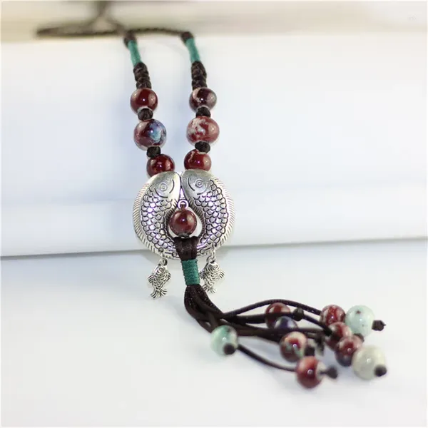 Ожерелья с подвесками, модные керамические бусины, этническая двойная рыба, длинное ожерелье, цепочка, синий/красный ювелирный стиль, сделай сам