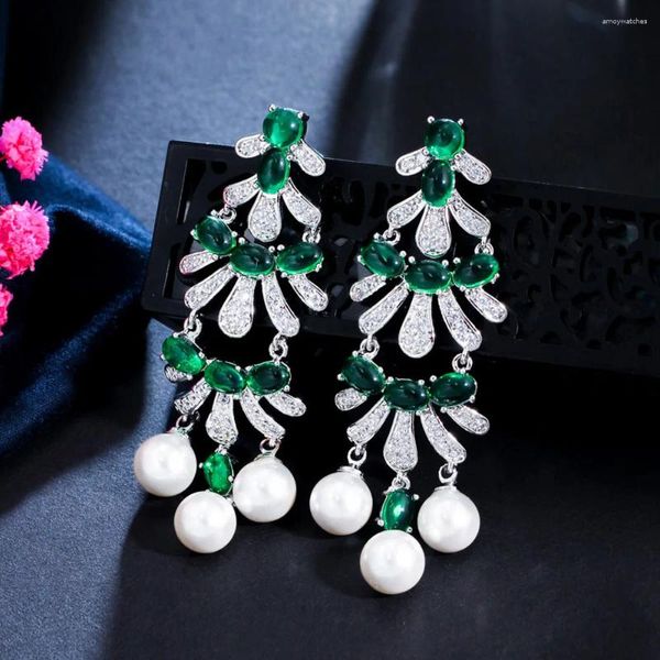 Pendientes colgantes CWWZircons Circonia cúbica verde oscuro colgante gota de perla larga lujo mujeres compromiso joyería para fiesta y boda CZ227