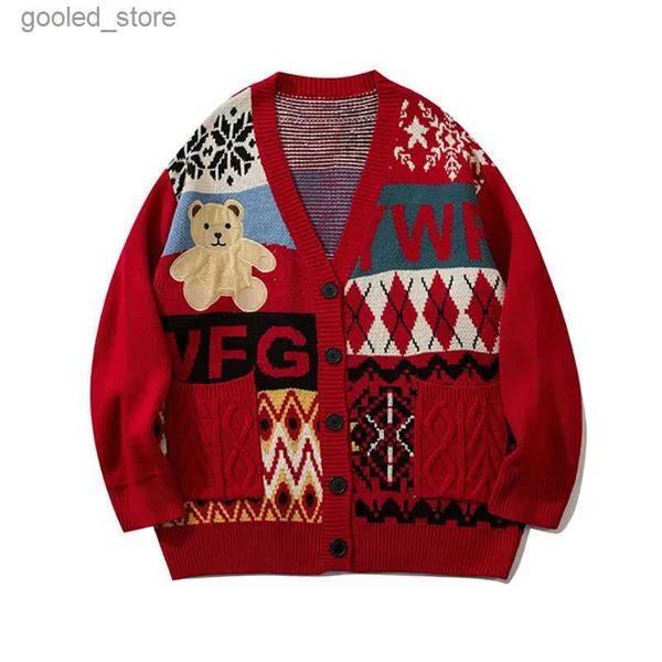 Мужские свитера Ugly Christmas Sweater Cute Bear Top Oversize Мужской уличный вязаный свитер с v-образным вырезом Однобортный пуловер Женское пальто для пар Q231115