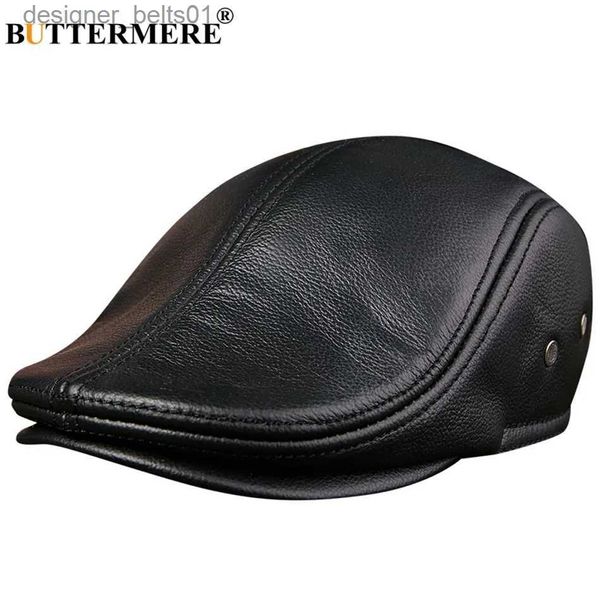 Berretti BUTTERMERE Berretto piatto da uomo in vera pelle Cappelli a becco d'anatra Berretti Paraorecchie Nero Berretto da regista casual Berretto da guida invernale vintage maschileL231115